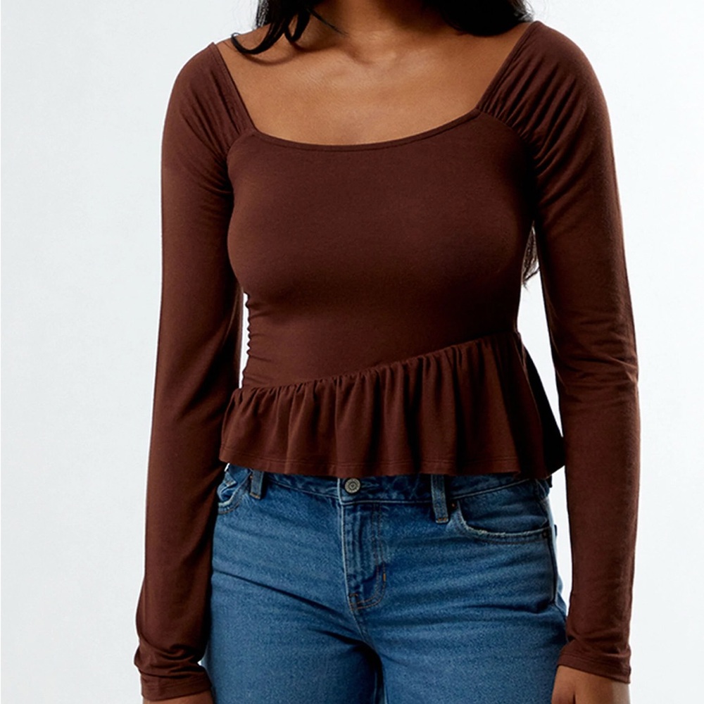 Brown Long Sleeve Peplum Top